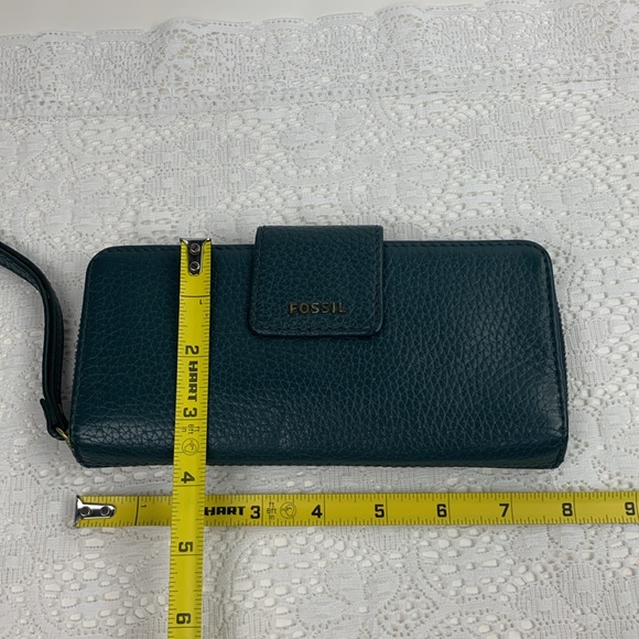 Fossil Leather Wallet Dark teal green gold zip around Pockets Cards cash coins - Picture 10 of 12